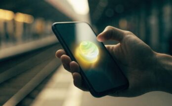 Ein leuchtendes Smartphone-Display mit einer Benachrichtigung vor einem unscharfen Bahnsteig