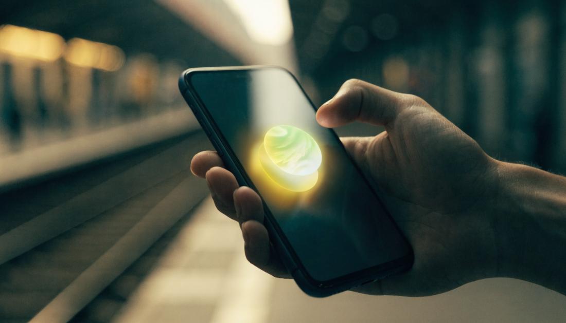 Ein leuchtendes Smartphone-Display mit einer Benachrichtigung vor einem unscharfen Bahnsteig