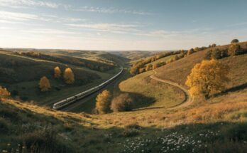 Ein Regionalzug fährt an einem Wochenende durch eine herbstliche Landschaft