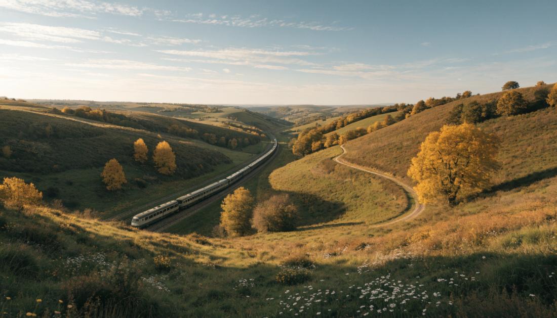 Ein Regionalzug fährt an einem Wochenende durch eine herbstliche Landschaft