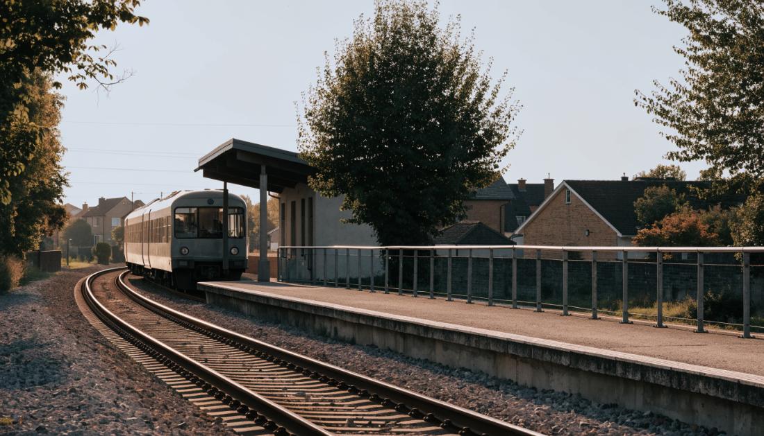 Ein kleiner Vorortbahnsteig mit einem einfahrenden Nahverkehrszug am Nachmittag