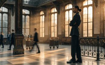 Eine Person in dunkler Uniformjacke steht überblickend in einer großen historischen Bahnhofshalle