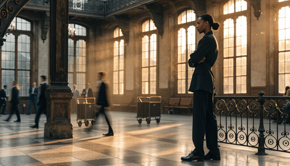 Eine Person in dunkler Uniformjacke steht überblickend in einer großen historischen Bahnhofshalle