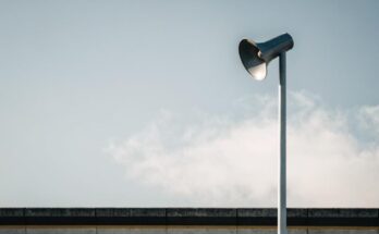 Ein Lautsprecher an einem Bahnsteigmast vor bewölktem Himmel