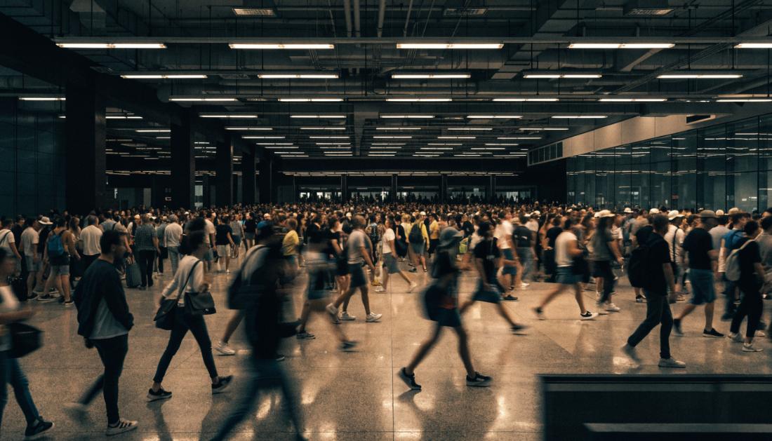 Eine dichte, geordnete Menschenmenge bewegt sich durch eine große Bahnhofshalle