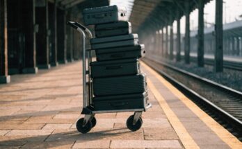Ein leerer Gepäckwagen mit gestapelten Koffern steht allein auf einem ruhigen Bahnsteig