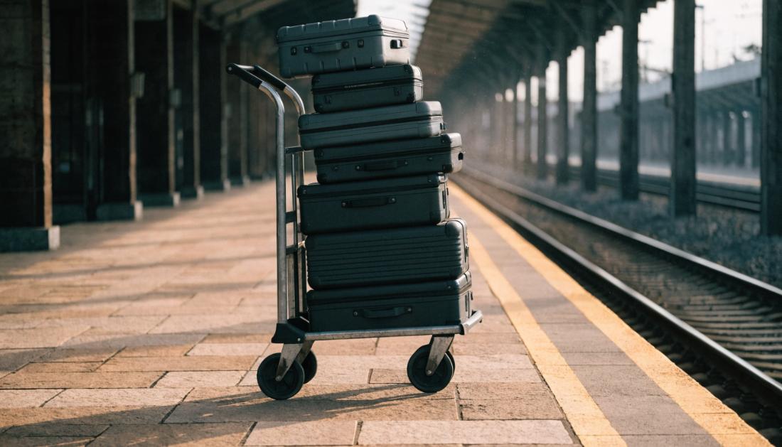 Ein leerer Gepäckwagen mit gestapelten Koffern steht allein auf einem ruhigen Bahnsteig