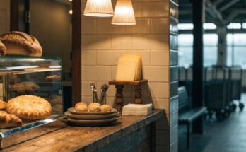 Eine gemütliche kleine Bäckereitheke im Bahnhof mit warmem Licht