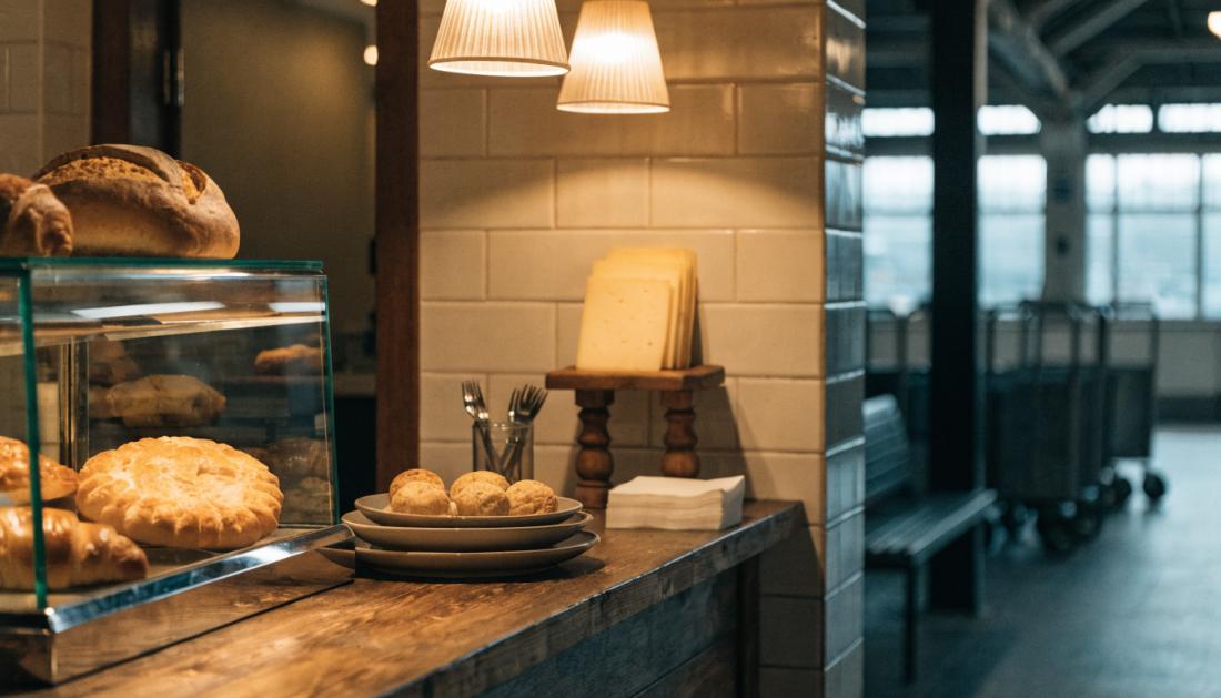 Eine gemütliche kleine Bäckereitheke im Bahnhof mit warmem Licht