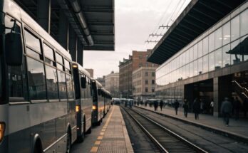 Eine Reihe Busse steht an einem Busbahnhof direkt neben dem Bahnhofsgebäude