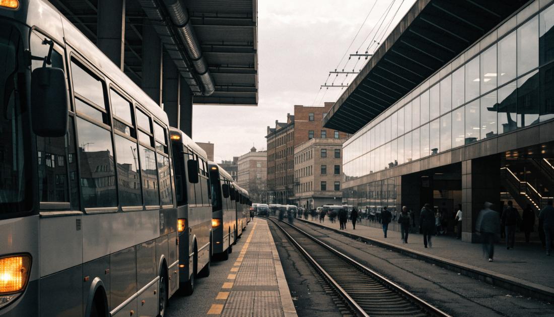 Eine Reihe Busse steht an einem Busbahnhof direkt neben dem Bahnhofsgebäude