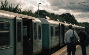 Ein anderer, älterer Regionalzug steht an einem Bahnsteig ein, an dem Reisende warten