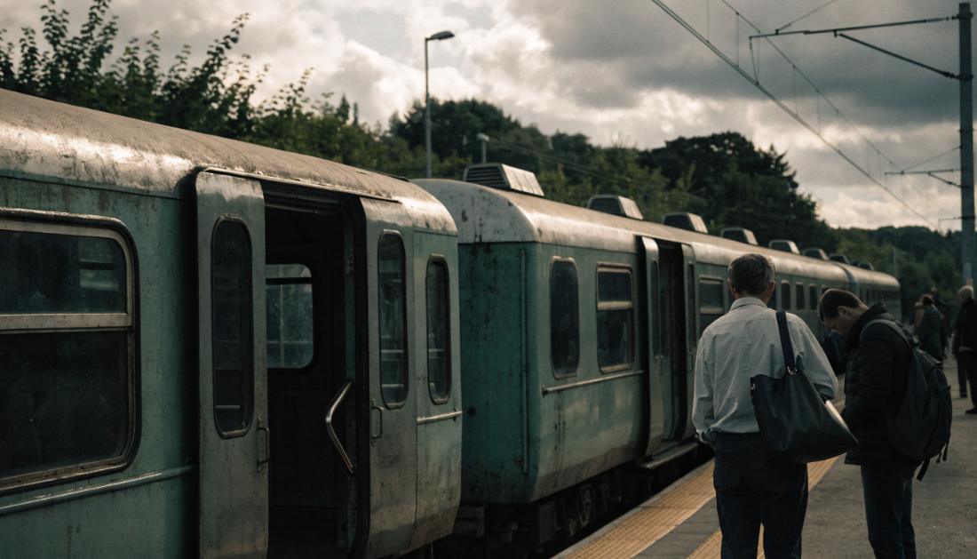 Ein anderer, älterer Regionalzug steht an einem Bahnsteig ein, an dem Reisende warten