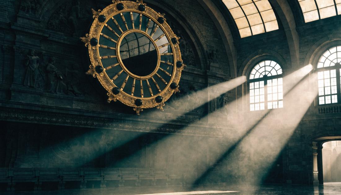 Eine große Bahnhofsuhr hängt hoch oben in einer historischen Bahnhofshalle