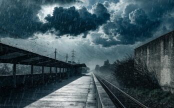 Ein Bahnsteig liegt unter dramatischen dunklen Sturmwolken, Regen und Wind ziehen über die Anlage