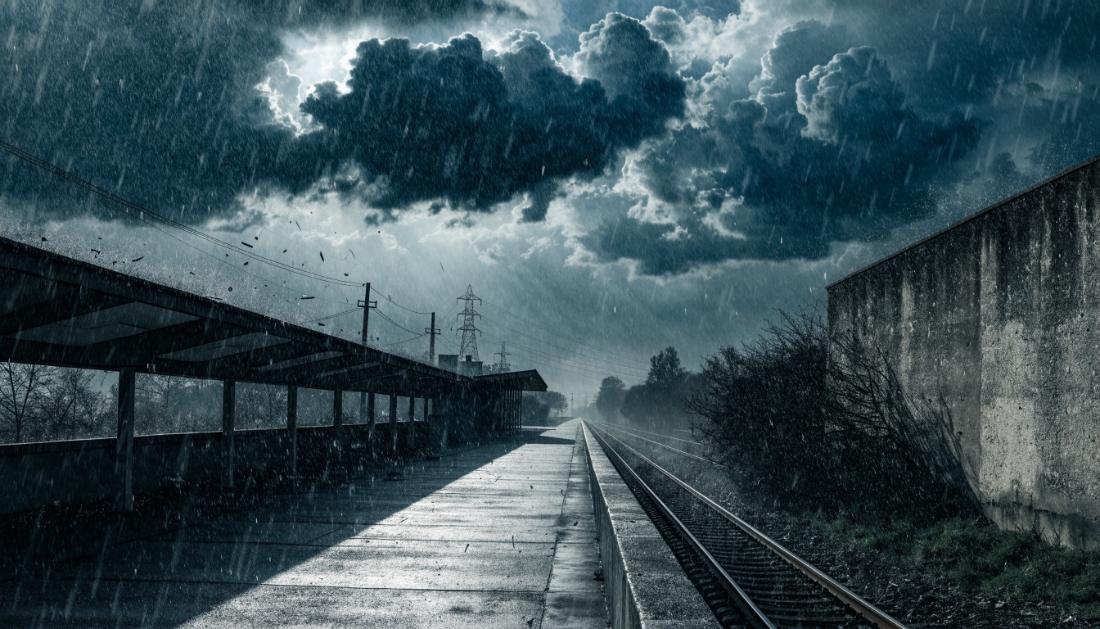 Ein Bahnsteig liegt unter dramatischen dunklen Sturmwolken, Regen und Wind ziehen über die Anlage