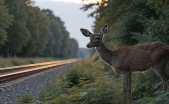 Ein Reh steht am Waldrand nahe den Gleisen in der Abenddämmerung