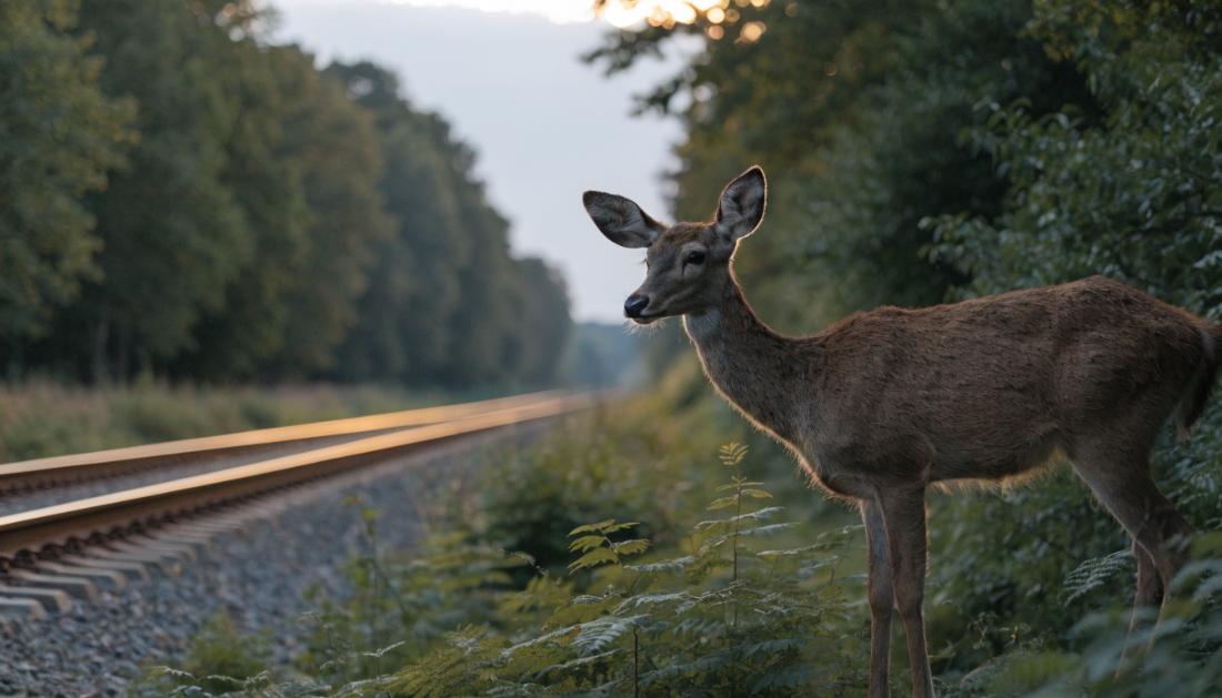 Ein Reh steht am Waldrand nahe den Gleisen in der Abenddämmerung