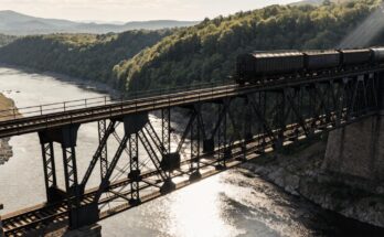 Ein schwerer Güterzug überquert eine alte eiserne Eisenbahnbrücke über einem Fluss