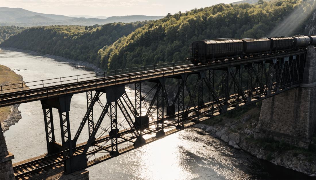 Ein schwerer Güterzug überquert eine alte eiserne Eisenbahnbrücke über einem Fluss