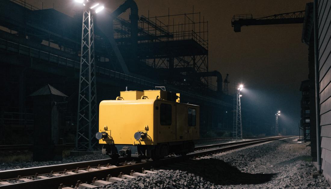 Ein kleines gelbes Wartungsfahrzeug steht nachts unter Flutlicht auf einem Gleis