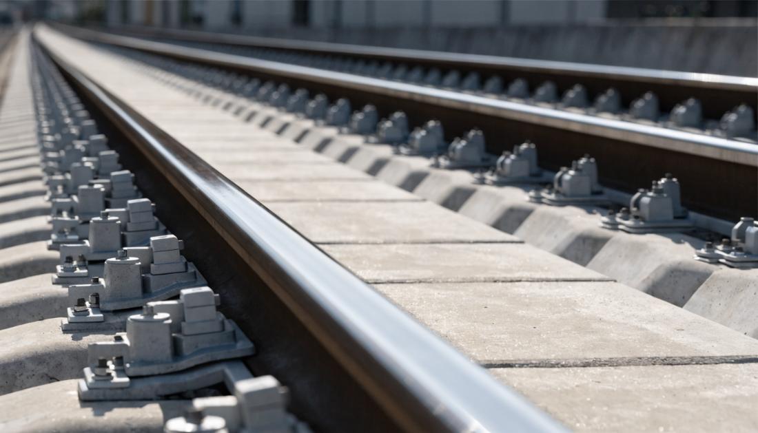 Nahaufnahme eines modernen Betongleisbettes ohne Schottersteine