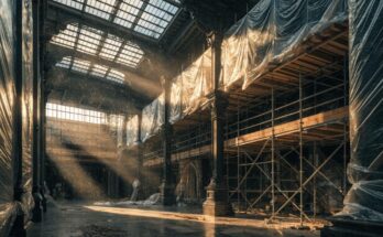 Eine historische Bahnhofshalle unter Renovierung mit Gerüsten und dramatischem Lichteinfall durchs Dach