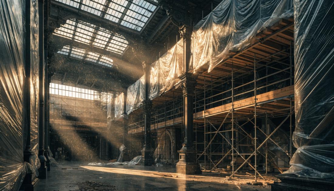 Eine historische Bahnhofshalle unter Renovierung mit Gerüsten und dramatischem Lichteinfall durchs Dach
