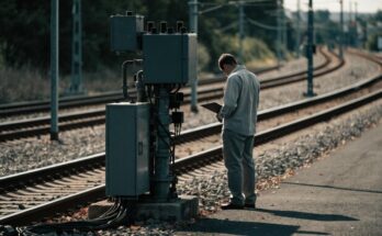 Eine Person in schlichter Arbeitskleidung prüft mit einem Klemmbrett technische Signalanlagen