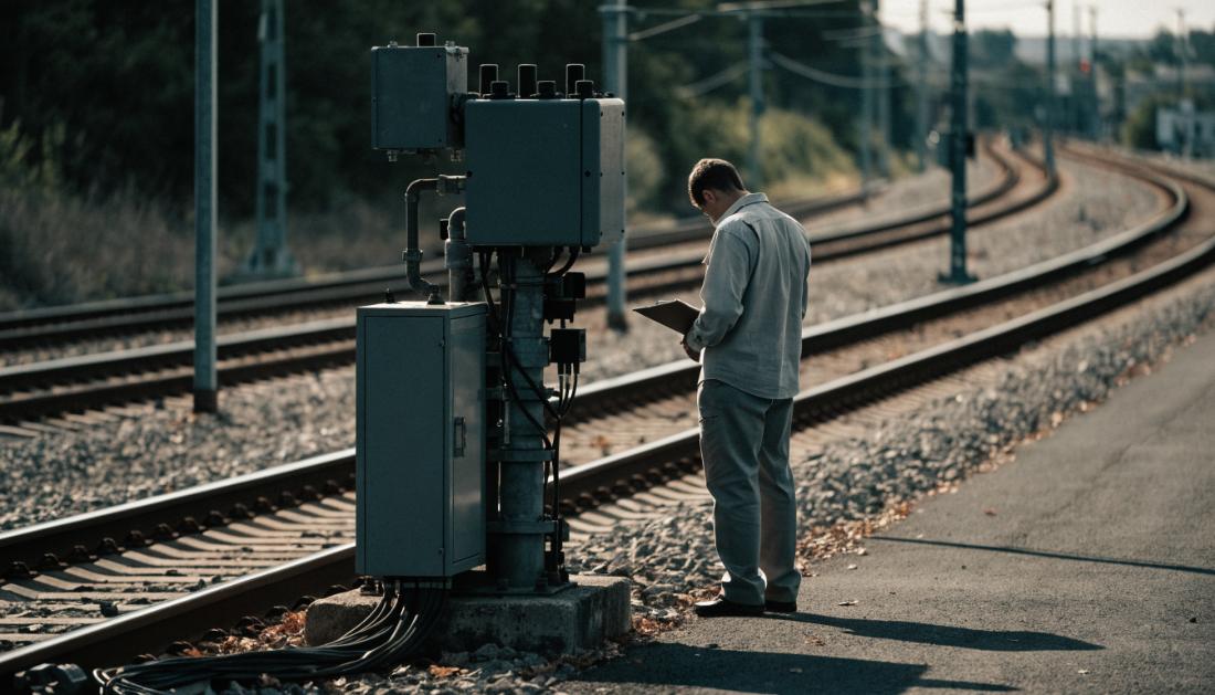 Eine Person in schlichter Arbeitskleidung prüft mit einem Klemmbrett technische Signalanlagen