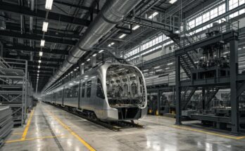 Eine moderne Zugfabrikhalle mit einem halb fertig montierten Wagenkasten