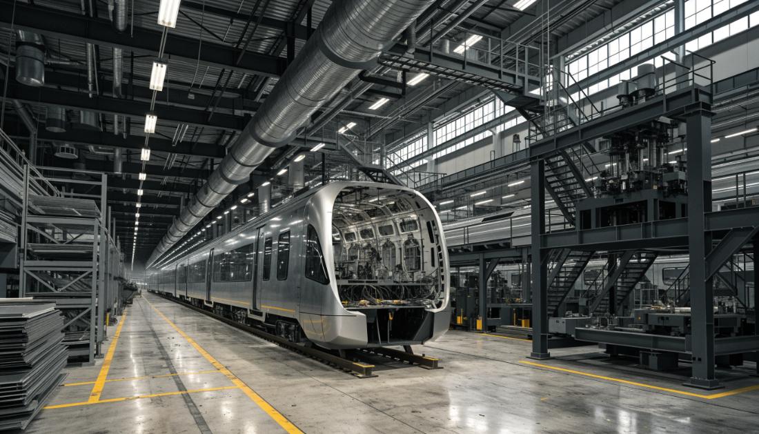Eine moderne Zugfabrikhalle mit einem halb fertig montierten Wagenkasten