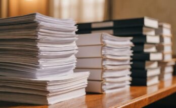 Ordentlich gestapelte Papierdokumente und Aktenordner auf einem Holzschreibtisch in weichem Bürolicht