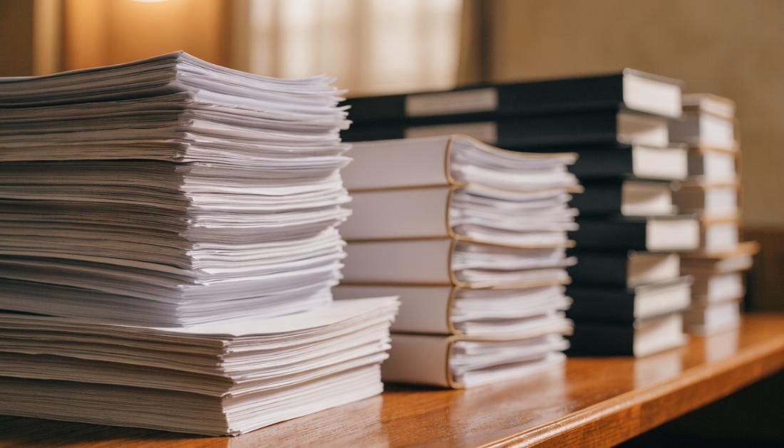 Ordentlich gestapelte Papierdokumente und Aktenordner auf einem Holzschreibtisch in weichem Bürolicht