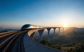 Ein futuristischer Hochgeschwindigkeitszug auf einem modernen Viadukt bei Sonnenaufgang