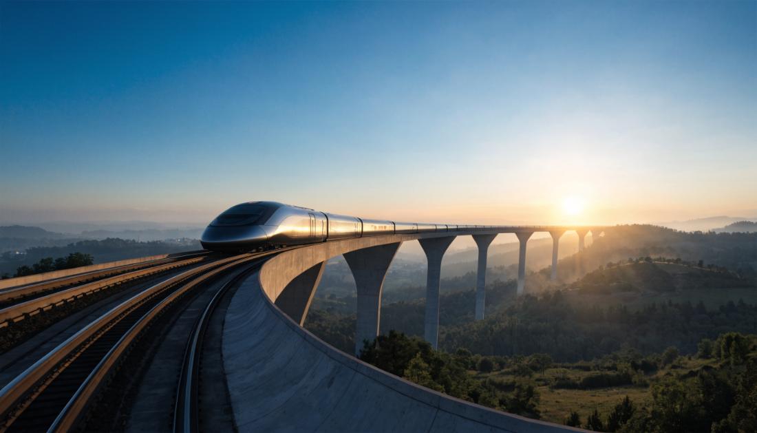 Ein futuristischer Hochgeschwindigkeitszug auf einem modernen Viadukt bei Sonnenaufgang