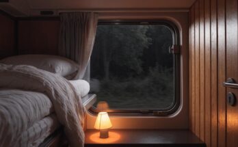 Ein gemütliches Nachtzug-Schlafabteil mit bezogenem Bett und warmem Leselicht