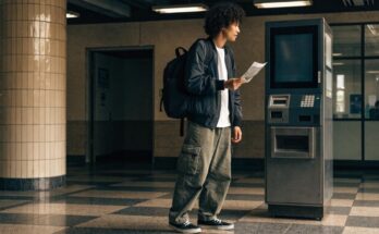 Eine reisende Person steht vor einem Fahrkartenautomaten in einer fremden Bahnhofshalle