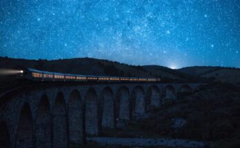 Ein langer Nachtzug überquert ein Viadukt unter tiefblauem Sternenhimmel