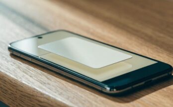 Eine unbeschriftete Zahlungskarte liegt auf einem Smartphone auf einem Holztisch