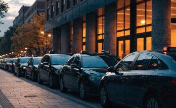 Eine Reihe wartender Taxis vor einem Bahnhofseingang in der Abenddämmerung