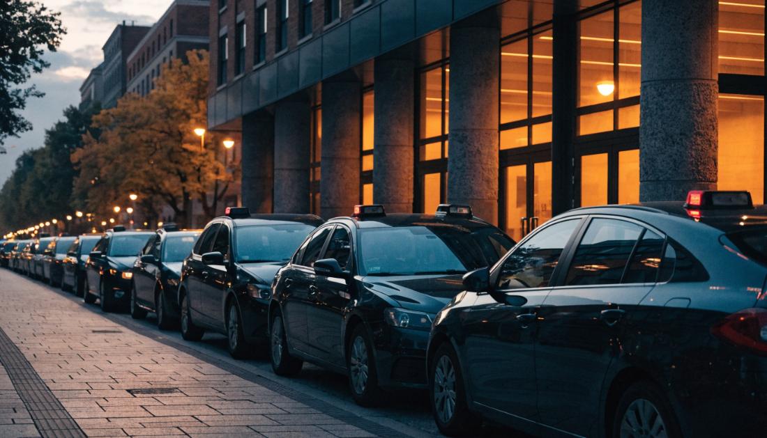 Eine Reihe wartender Taxis vor einem Bahnhofseingang in der Abenddämmerung