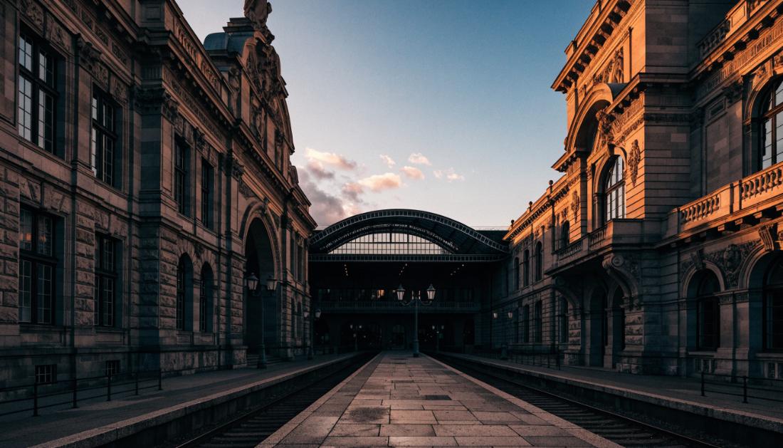 Eine prächtige historische Bahnhofsfassade im warmen Abendlicht