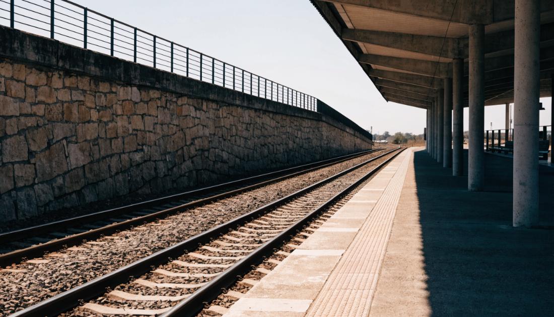 Ein leerer verlassener Bahnsteig ohne Züge und ohne Menschen im hellen Tageslicht