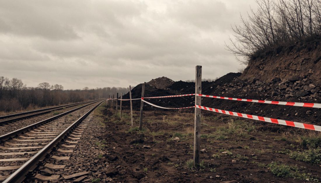 Ein abgesperrter Baustellenbereich neben Bahngleisen mit rot-weißem Absperrband