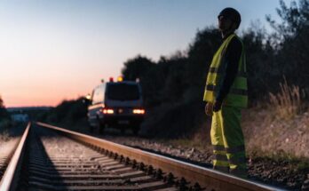 Eine Person in Warnschutzkleidung neben Bahngleisen