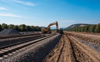 Eine Bahnbaustelle mit Maschinen am Gleisbett