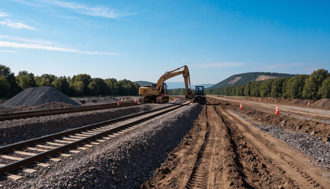 Eine Bahnbaustelle mit Maschinen am Gleisbett und orangen Warnkegeln