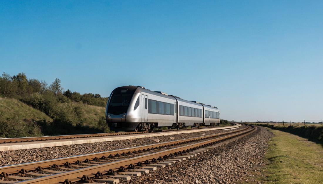 Ein moderner Regionalzug auf einer Strecke ohne Oberleitung unter blauem Himmel