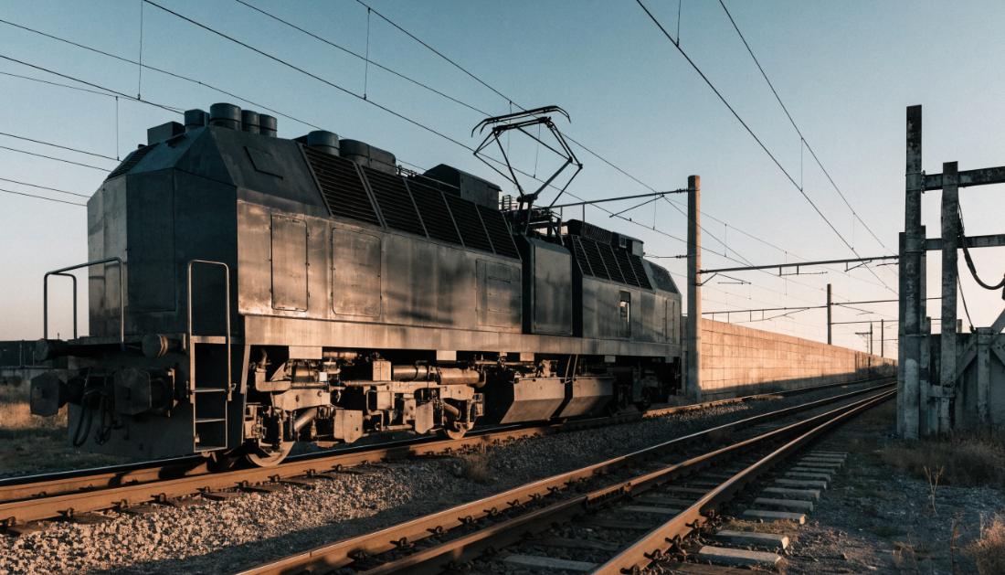 Eine kräftige Elektrolokomotive steht unter Oberleitungen an einem Grenzbahnhof